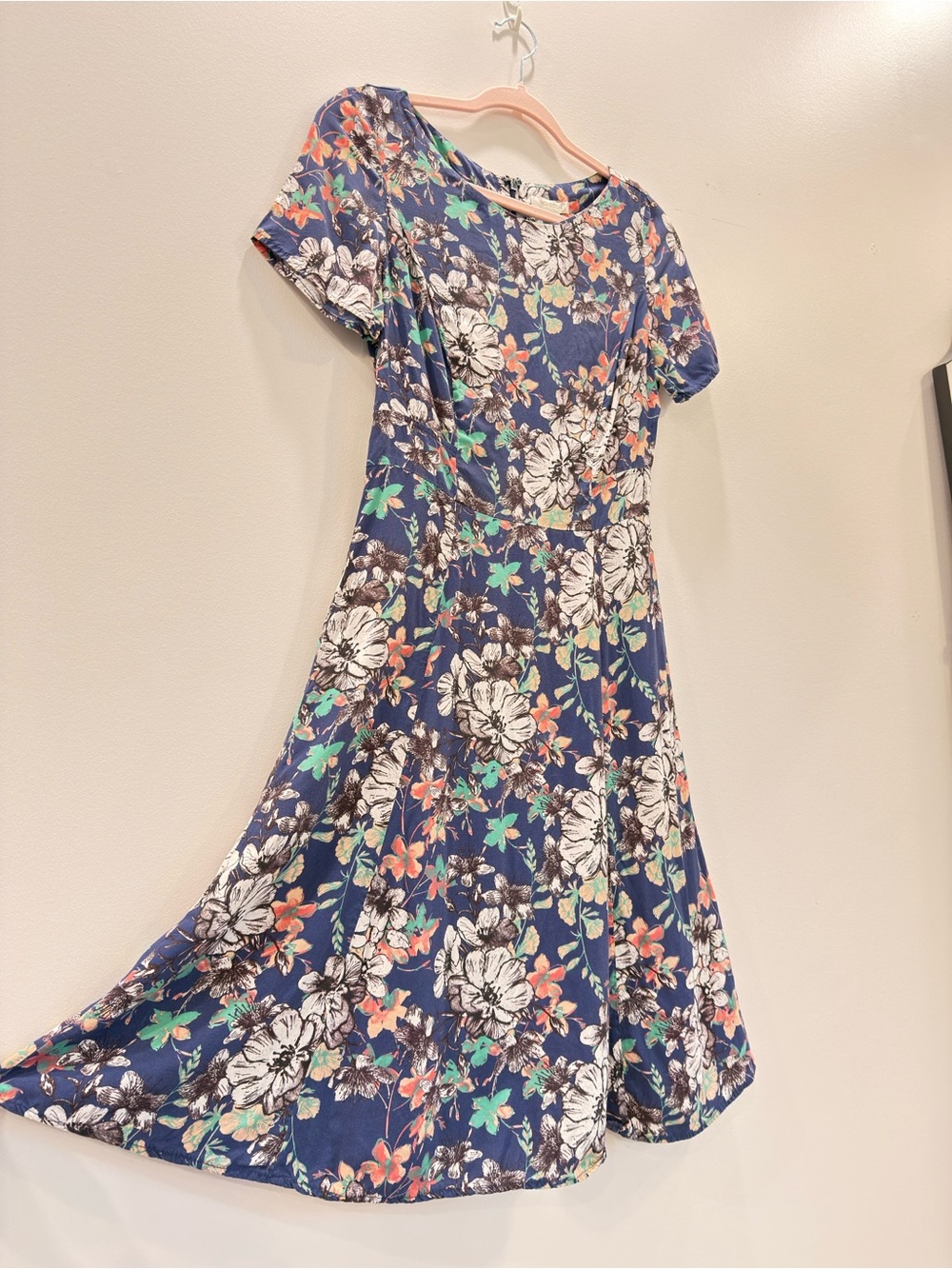 Monsoon Navy Floral Midi Dress with White and Coral Accents